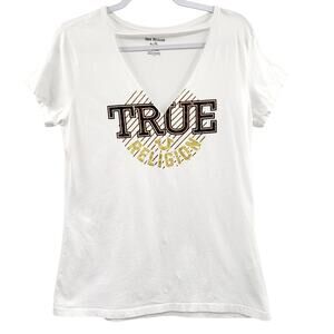 True Religion White & Gold V-Neck 100% Cotton Graphic T-Shirt Women's Size L
